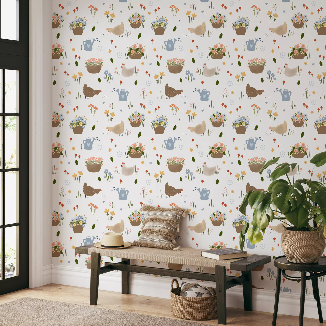Farmhouse wallpaper pattern featuring three hens in cream and brown tones with scattered tulips.