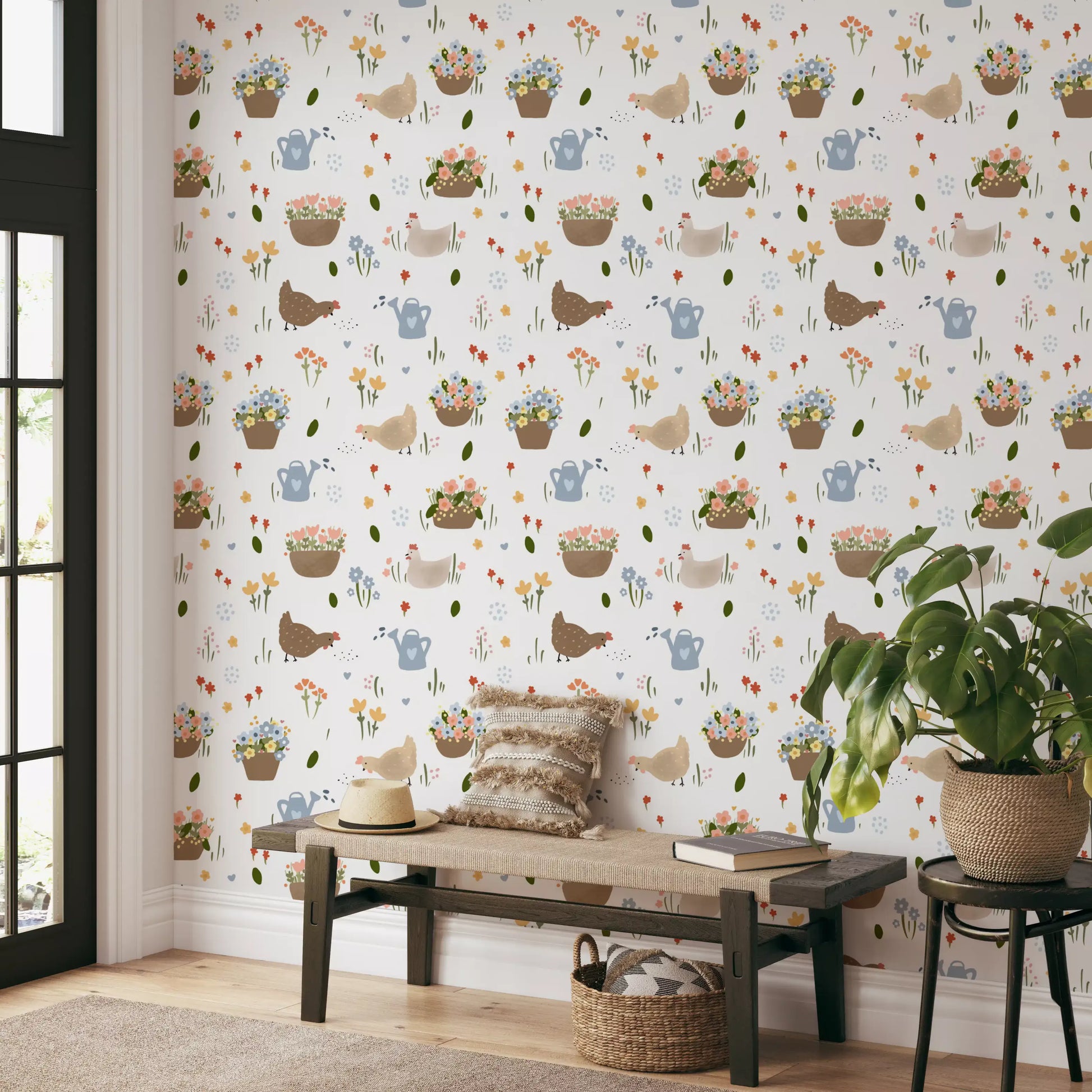 Farmhouse wallpaper pattern featuring three hens in cream and brown tones with scattered tulips., GD10059