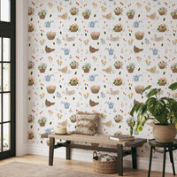 Farmhouse wallpaper pattern featuring three hens in cream and brown tones with scattered tulips., GD10059