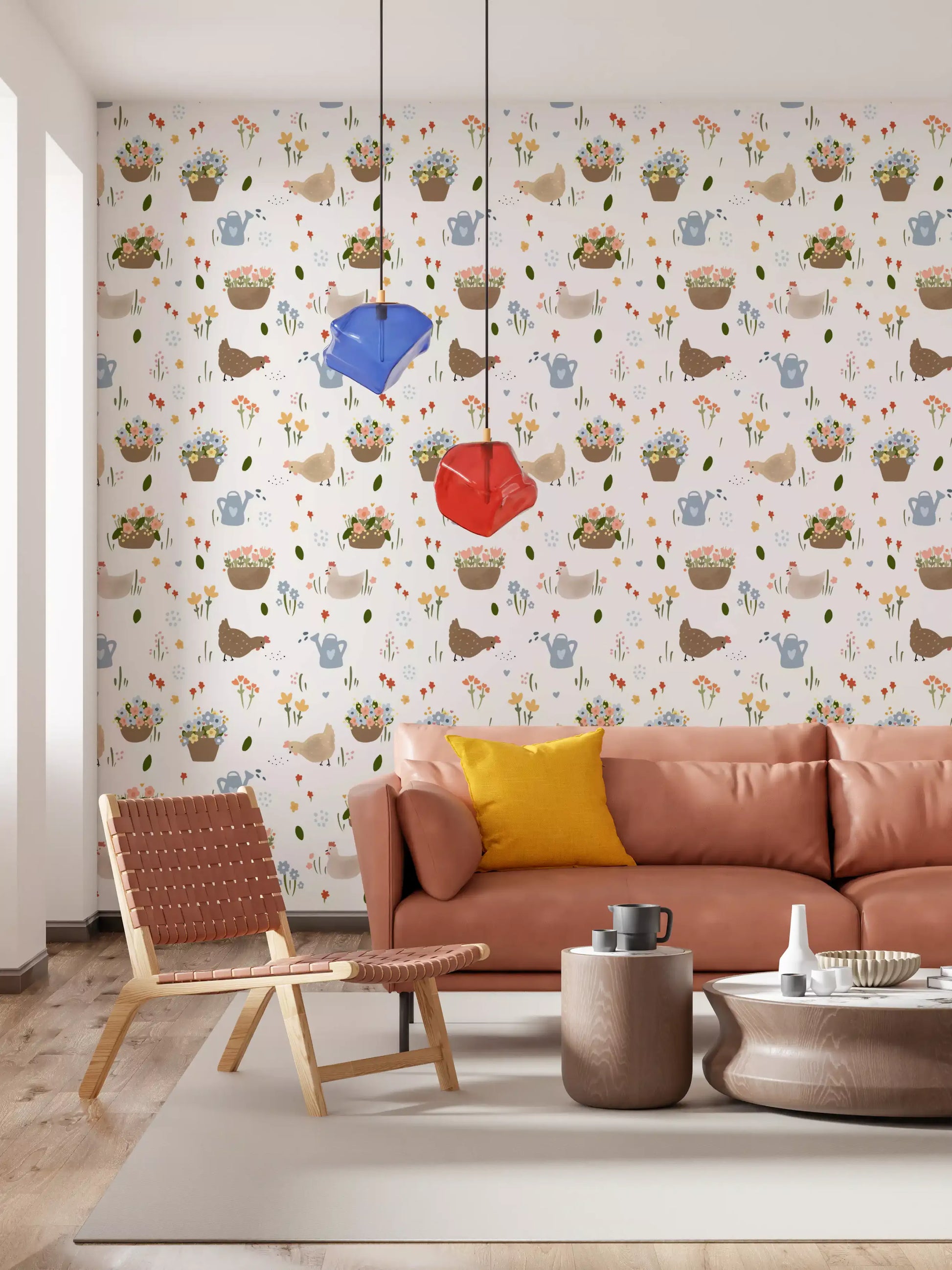 Whimsical hen and flower patch wallpaper styled for a living room with cream background and pastel palette., GD10059