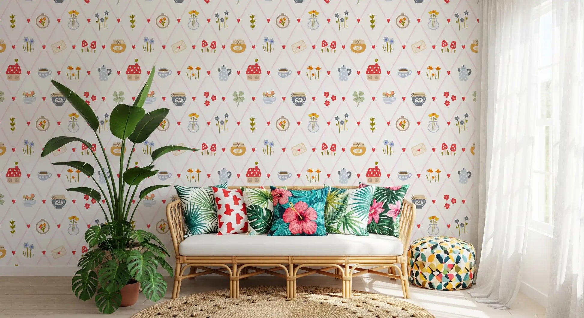 Diamond trellis wallpaper in pink with small red hearts at each crossing.