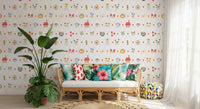 Diamond trellis wallpaper in pink with small red hearts at each crossing.