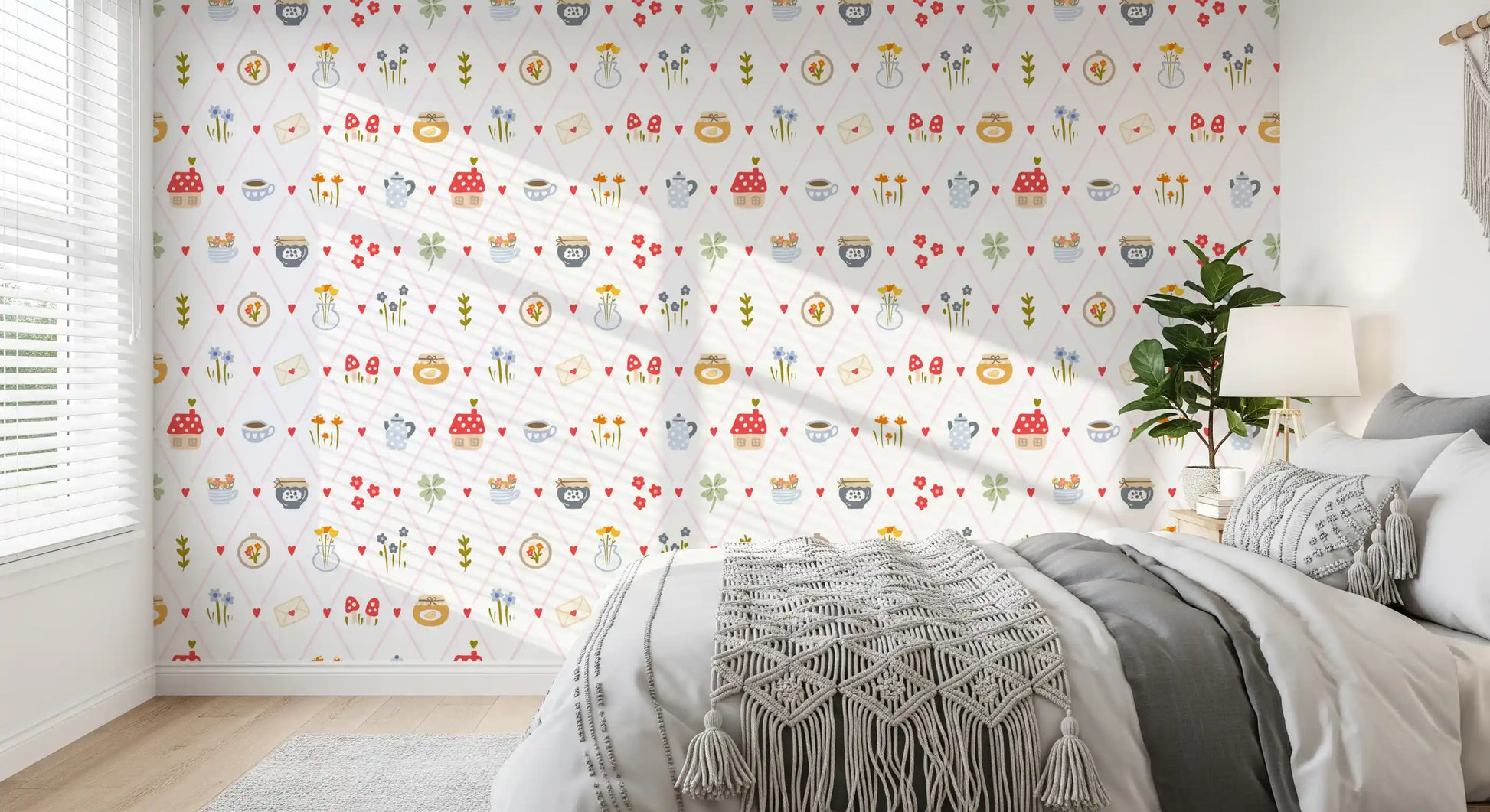 Children friendly pattern wallpaper with embroidery hoop and vases of blooms.