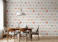 Pink lattice wallpaper with mushrooms and tiny cottages in dining room.