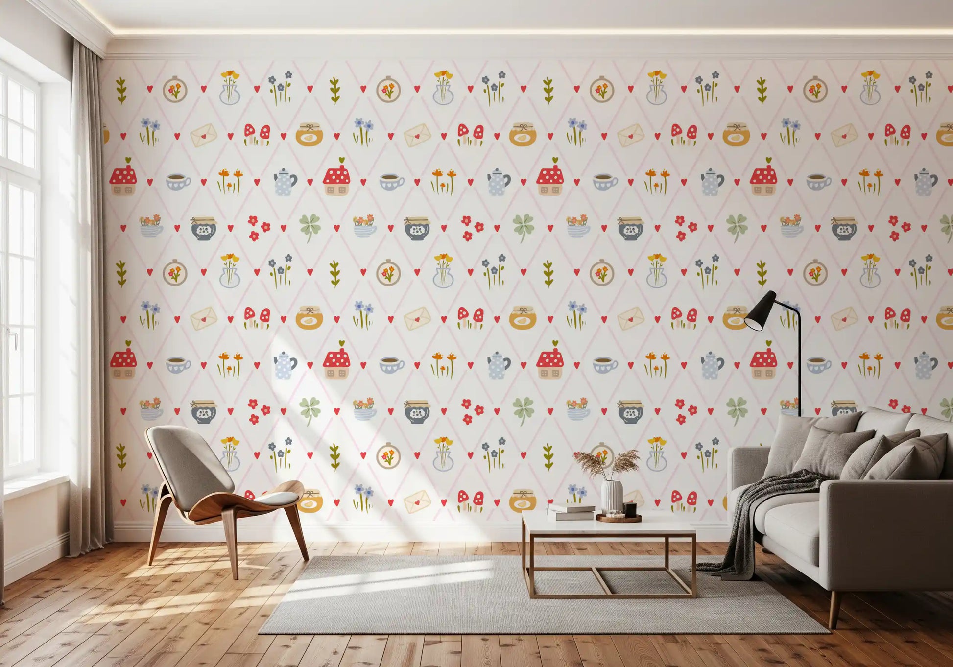 Cozy cottage wallpaper with polka-dot teapot and envelope motifs in living area.