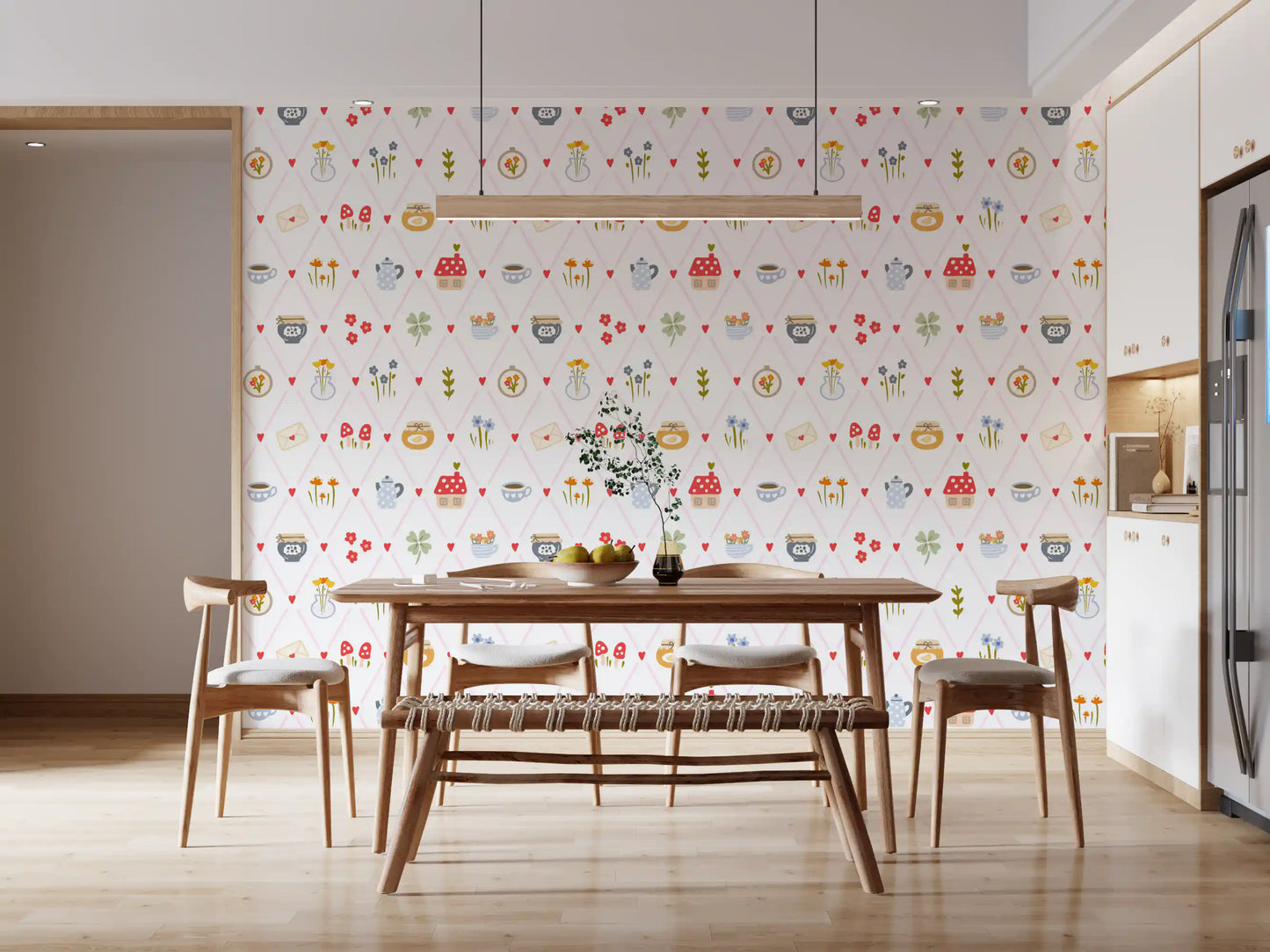 Pink and white pattern wallpaper installed in a dining room.