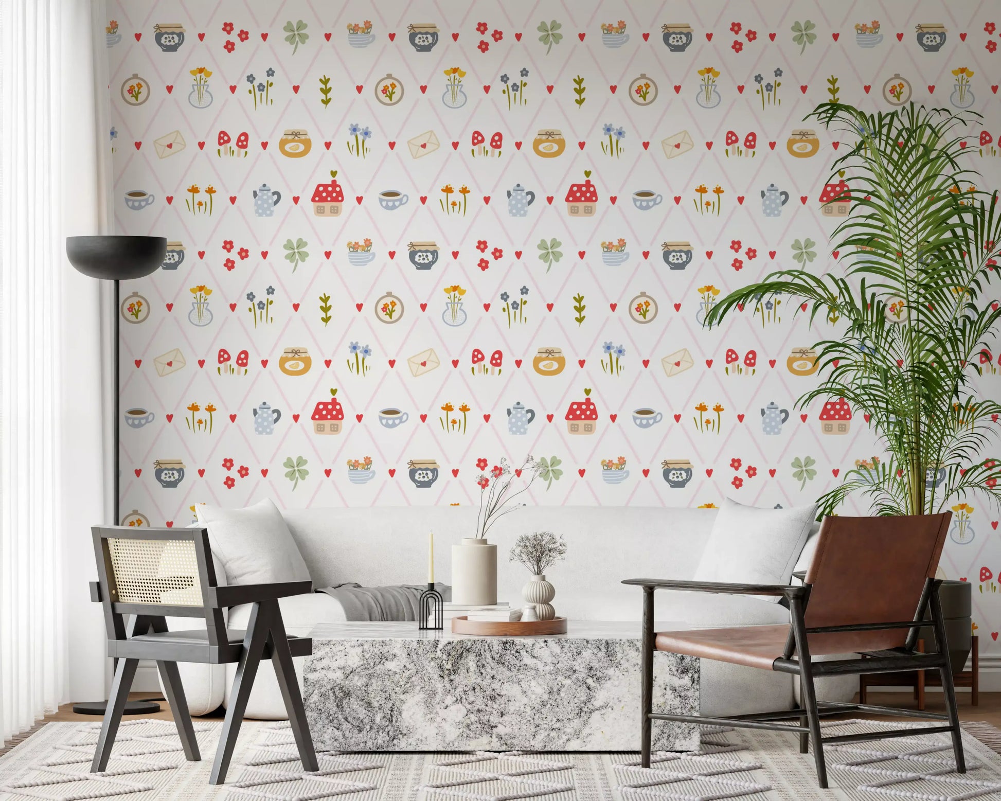 Whimsical cottagecore pattern wallpaper featuring flower pots and honey jars.