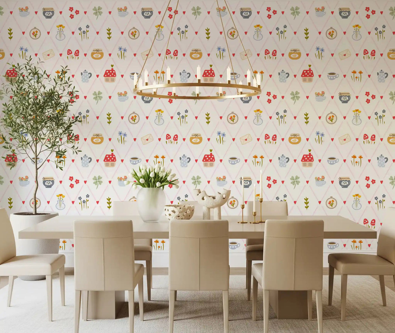 Cozy Cottage Charm Wallpaper with pink diamond trellis and red hearts in dining room.