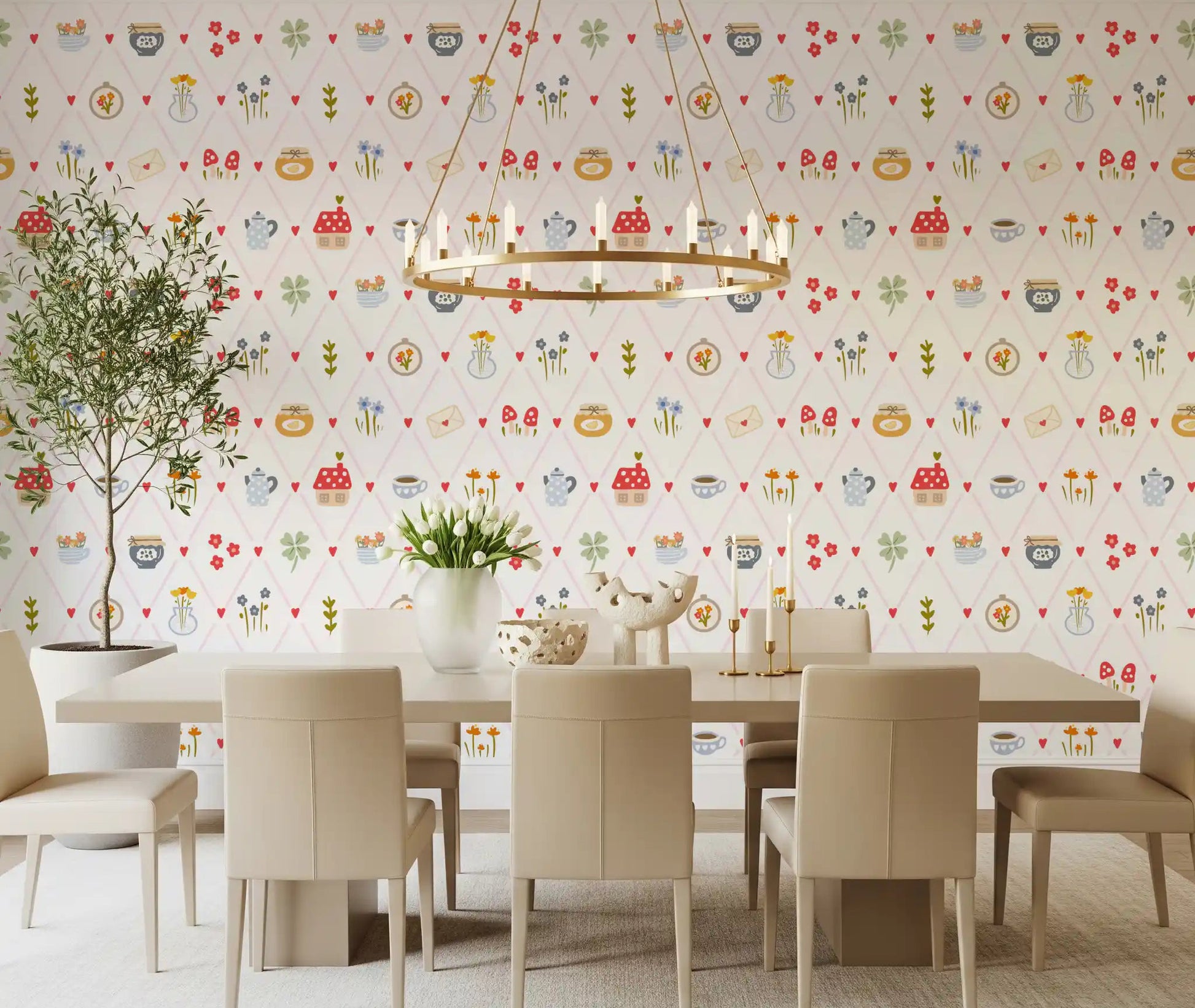 Cozy Cottage Charm Wallpaper with pink diamond trellis and red hearts in dining room.