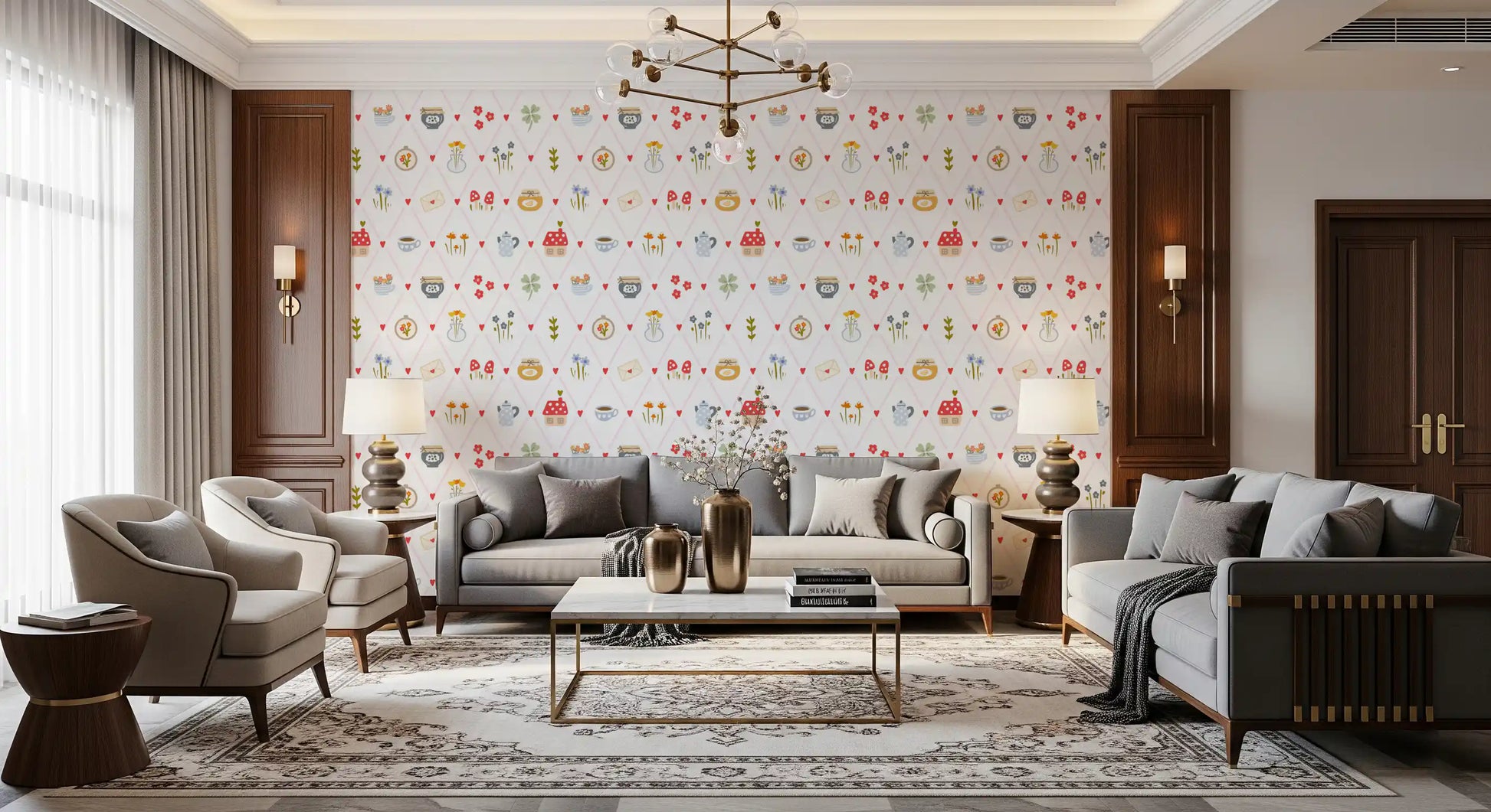 Illustrated whimsical wallpaper with mustard flowers and dusty blue blooms.