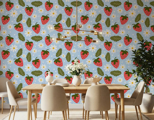 Sweet Berry Bloom wallpaper in a dining room with strawberry and daisy repeat motifs.