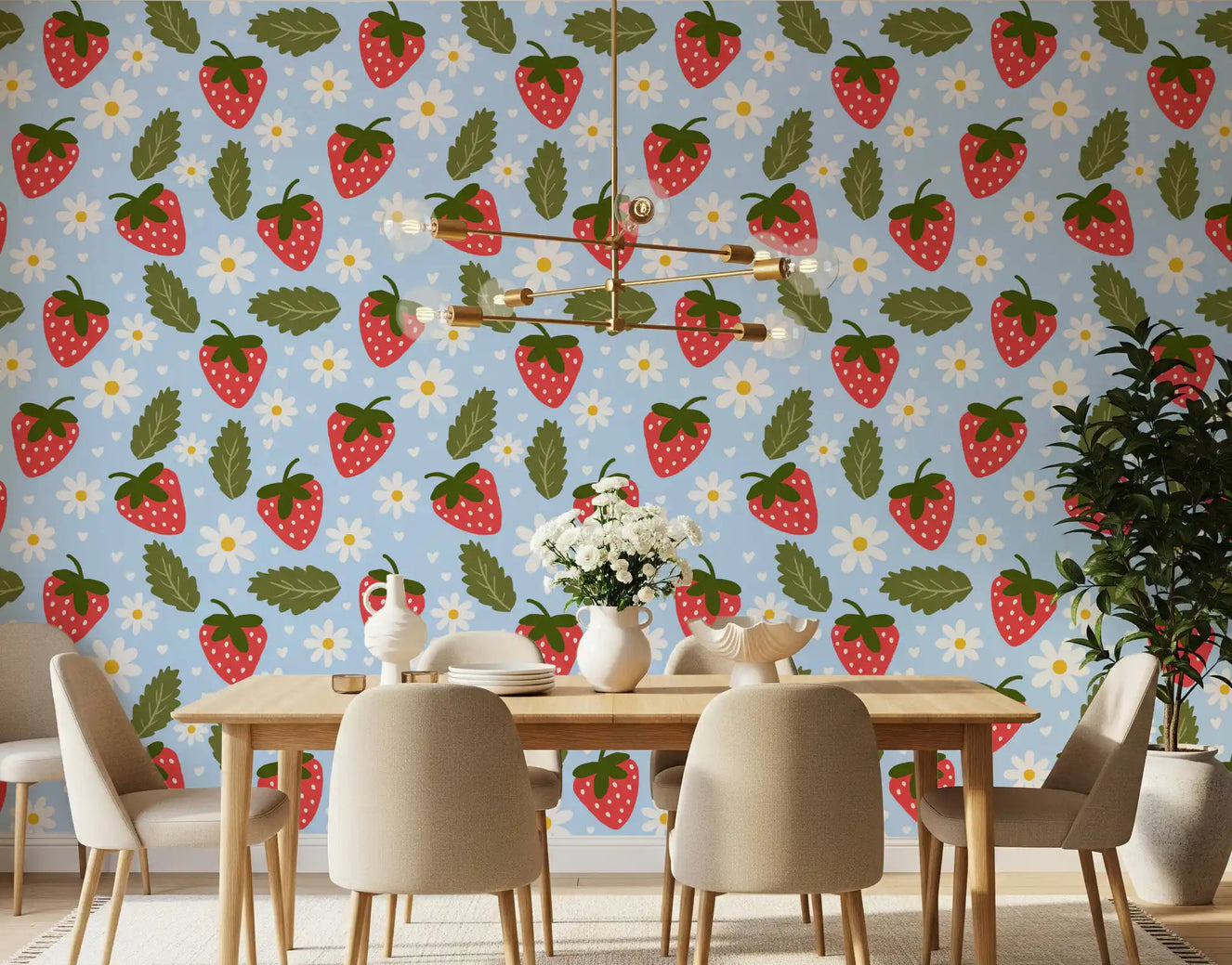 Sweet Berry Bloom wallpaper in a dining room with strawberry and daisy repeat motifs.
