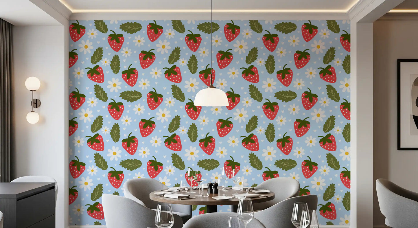 Sweet Berry Bloom Wallpaper with red strawberries and white daisies on pastel blue background.