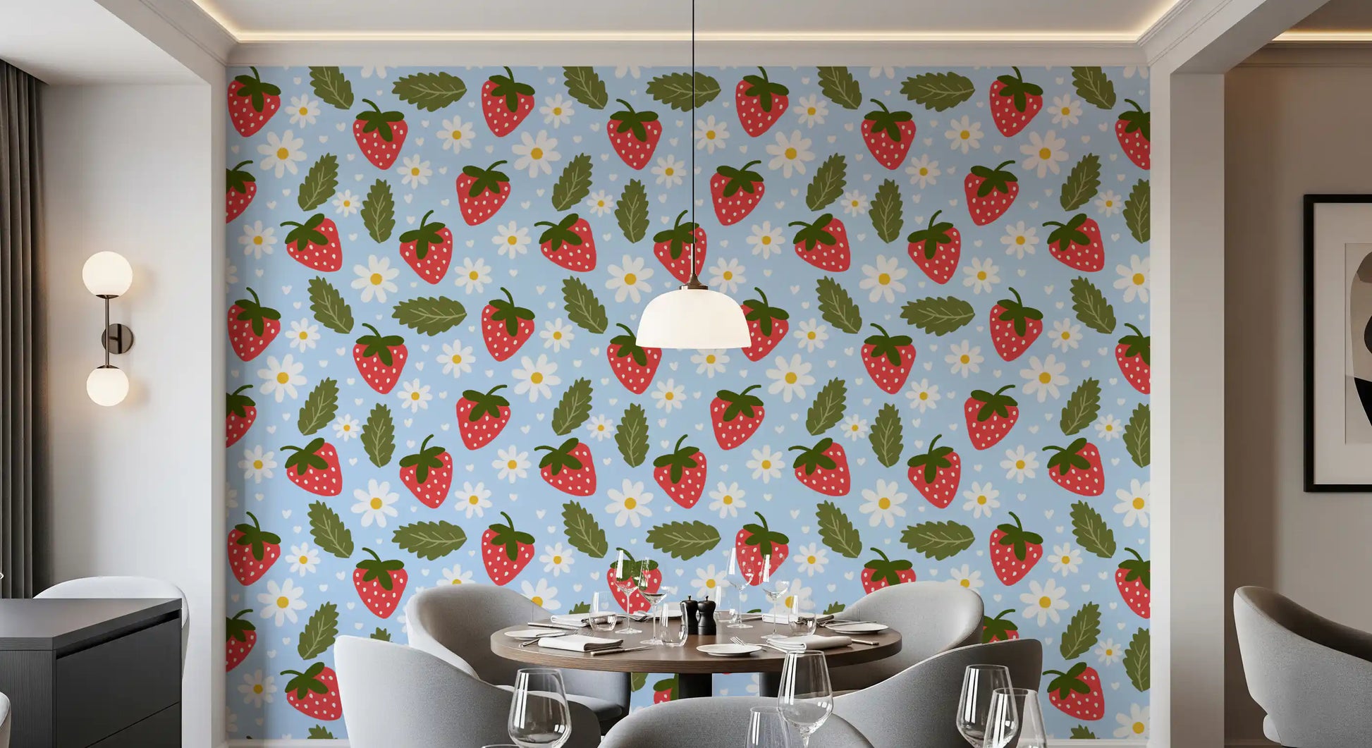 Sweet Berry Bloom Wallpaper with red strawberries and white daisies on pastel blue background.