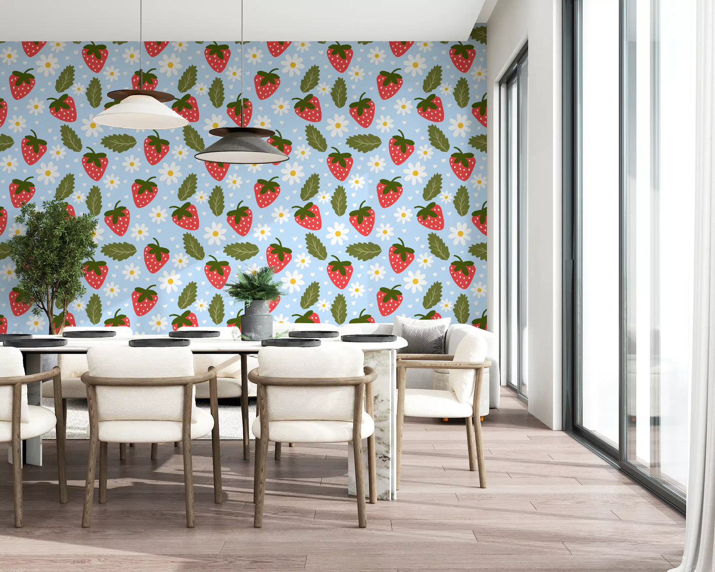 Playful fruit wallpaper with strawberries, daisies, and tiny hearts in repeat pattern.
