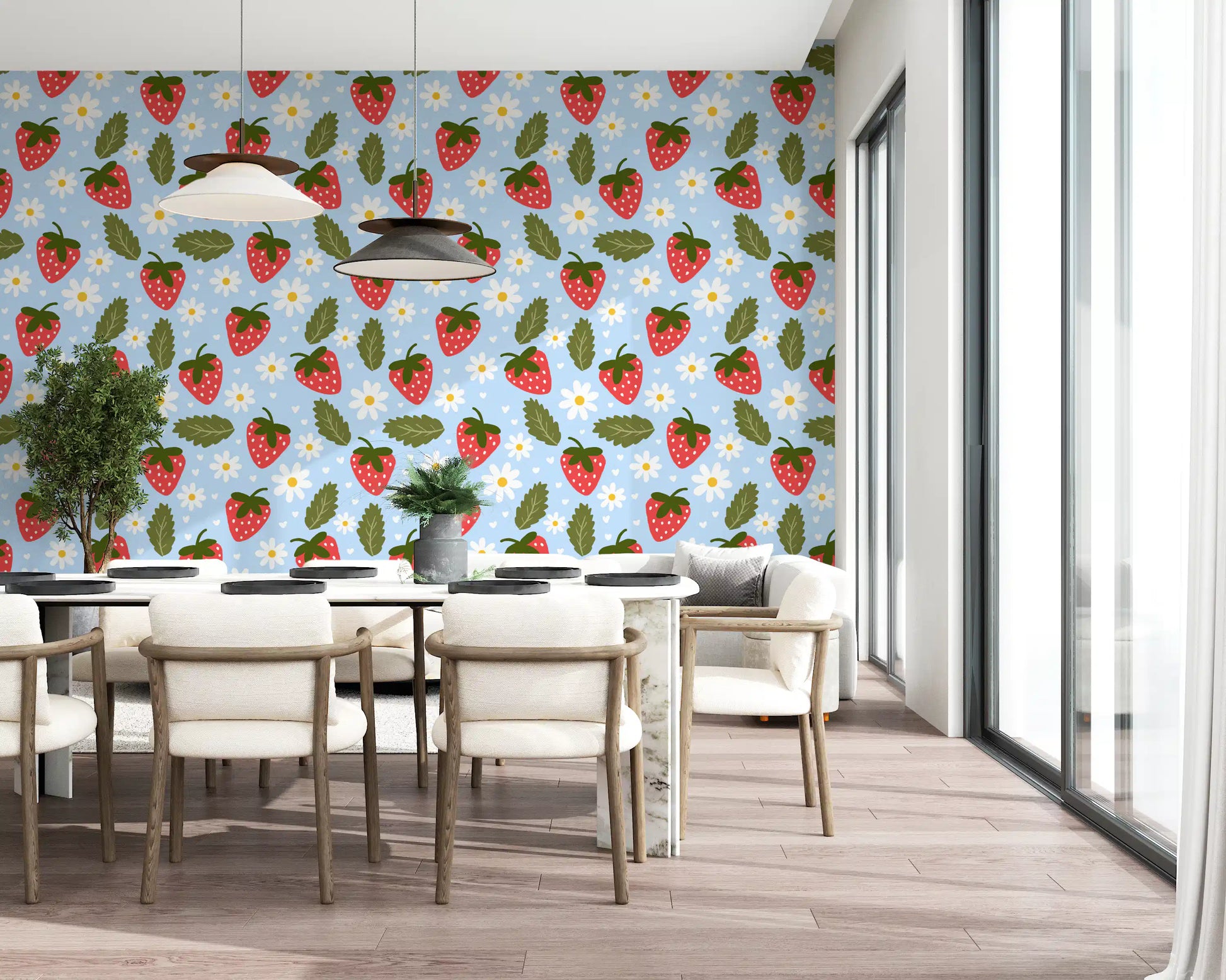 Playful fruit wallpaper with strawberries, daisies, and tiny hearts in repeat pattern.