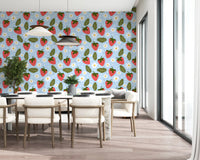 Playful fruit wallpaper with strawberries, daisies, and tiny hearts in repeat pattern.
