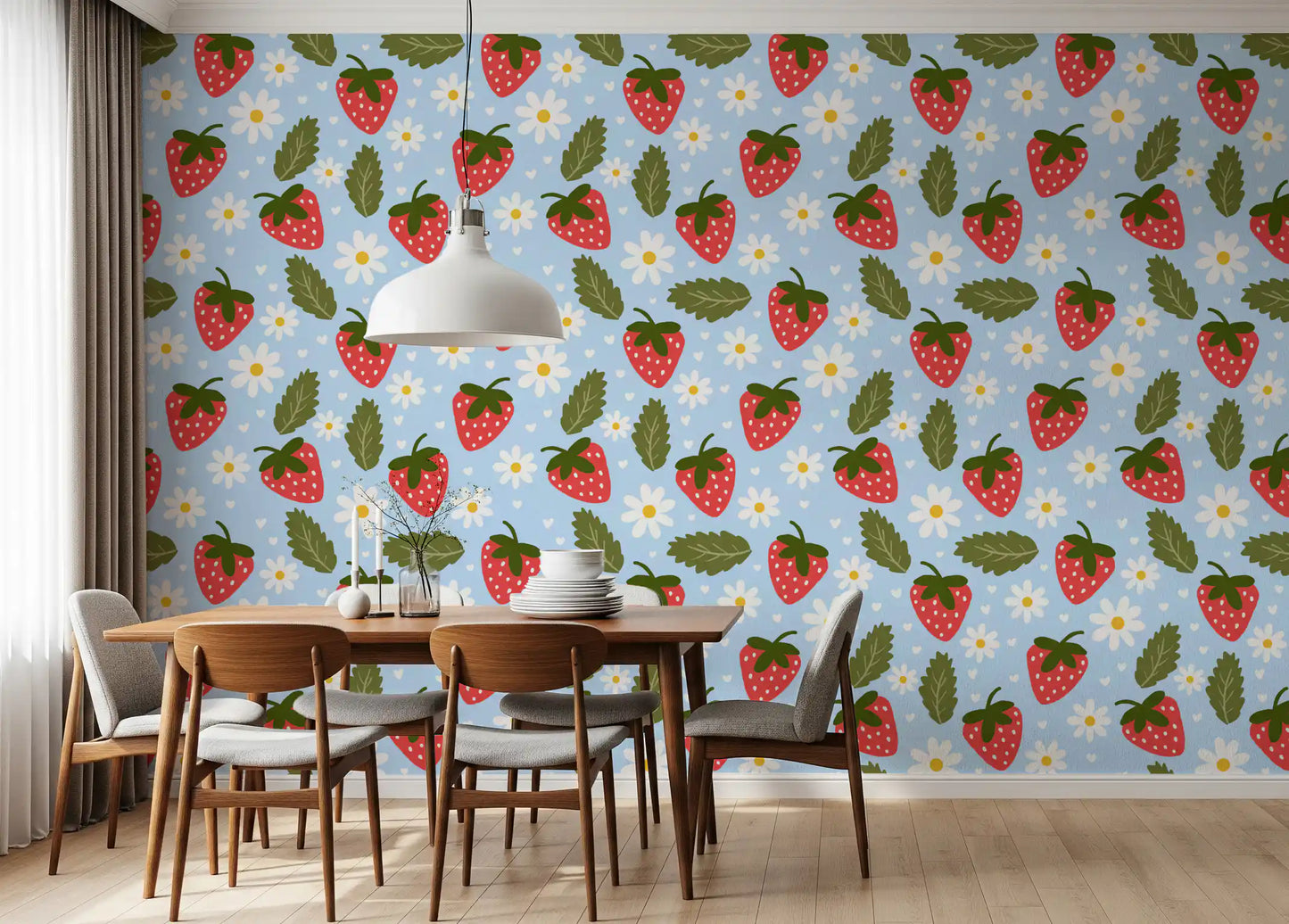 Daisy and strawberry pattern wallpaper with pastel blue base and soft green leaf accents.