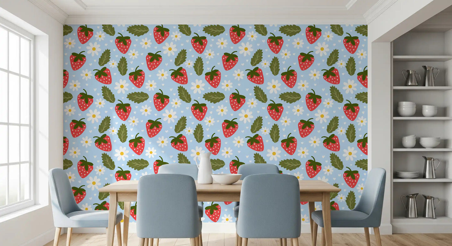 Strawberry and daisy pattern wallpaper with green leaves and scattered hearts 