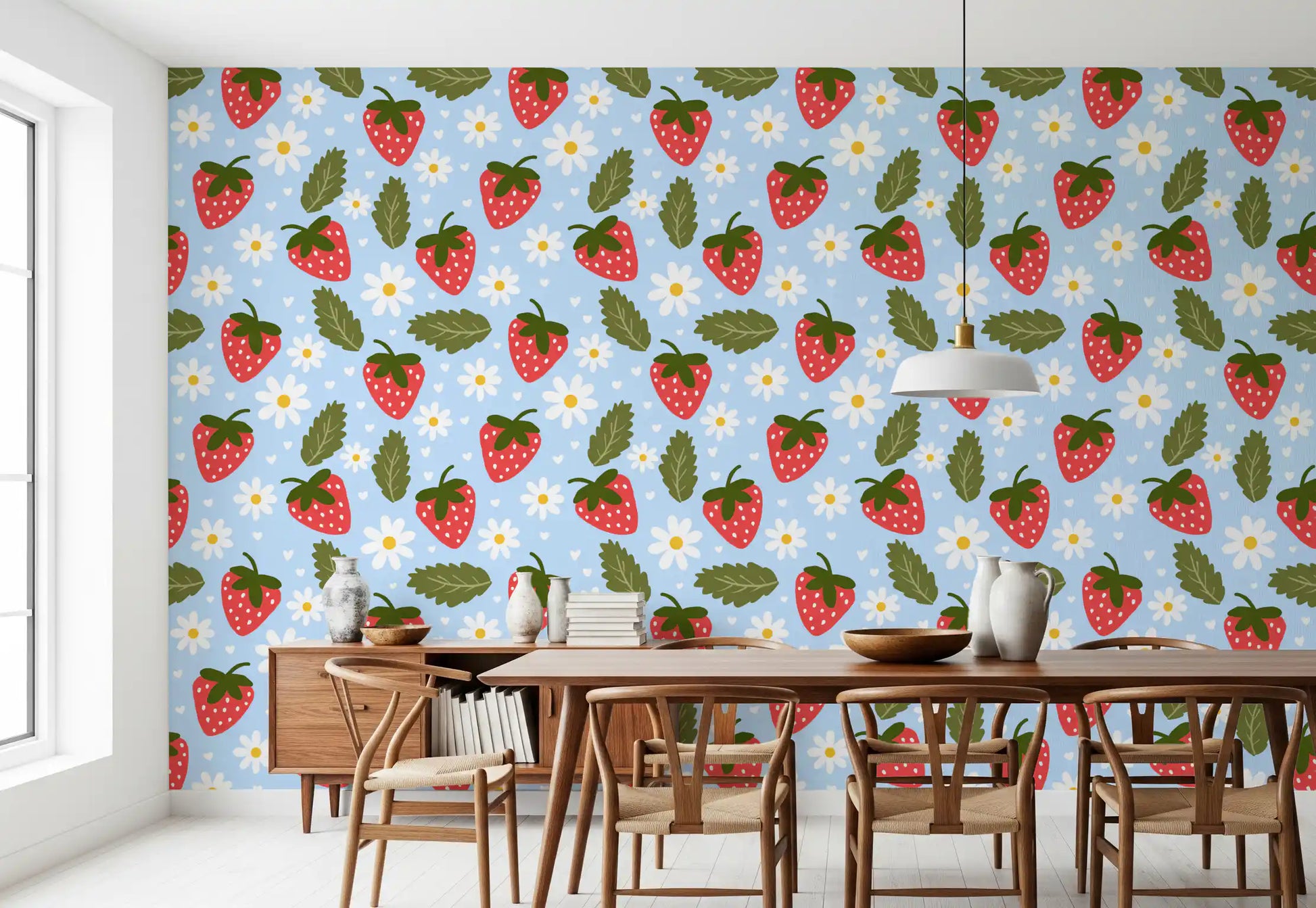 Sweet Berry Bloom Wallpaper for a dining area wall featuring playful fruit and floral motifs.