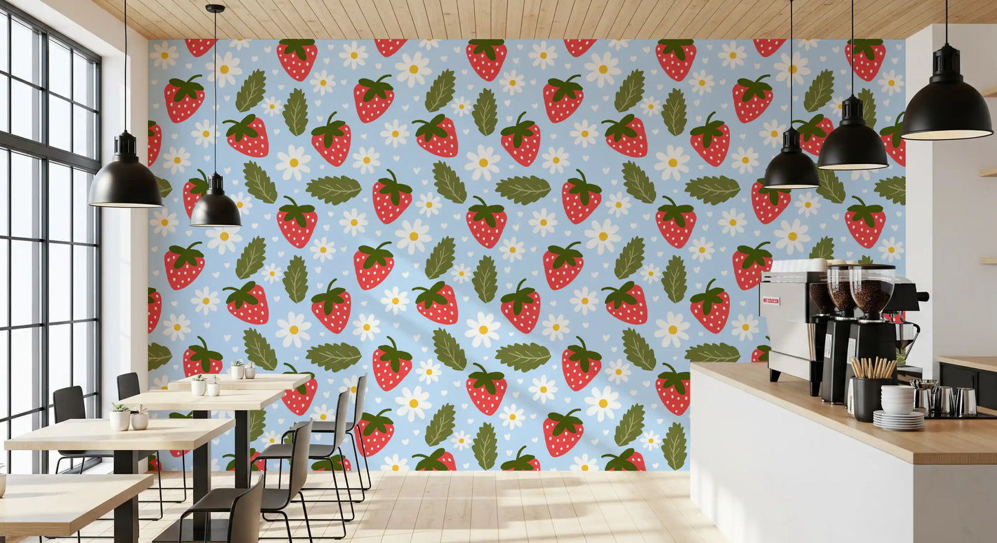 Sweet Berry Bloom Wallpaper in a cafe area with bright cartoon berries.