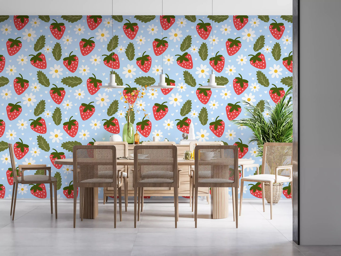 Sweet Berry Bloom Wallpaper on a dining room accent wall with strawberry and daisy print.
