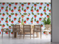 Sweet Berry Bloom Wallpaper on a dining room accent wall with strawberry and daisy print.