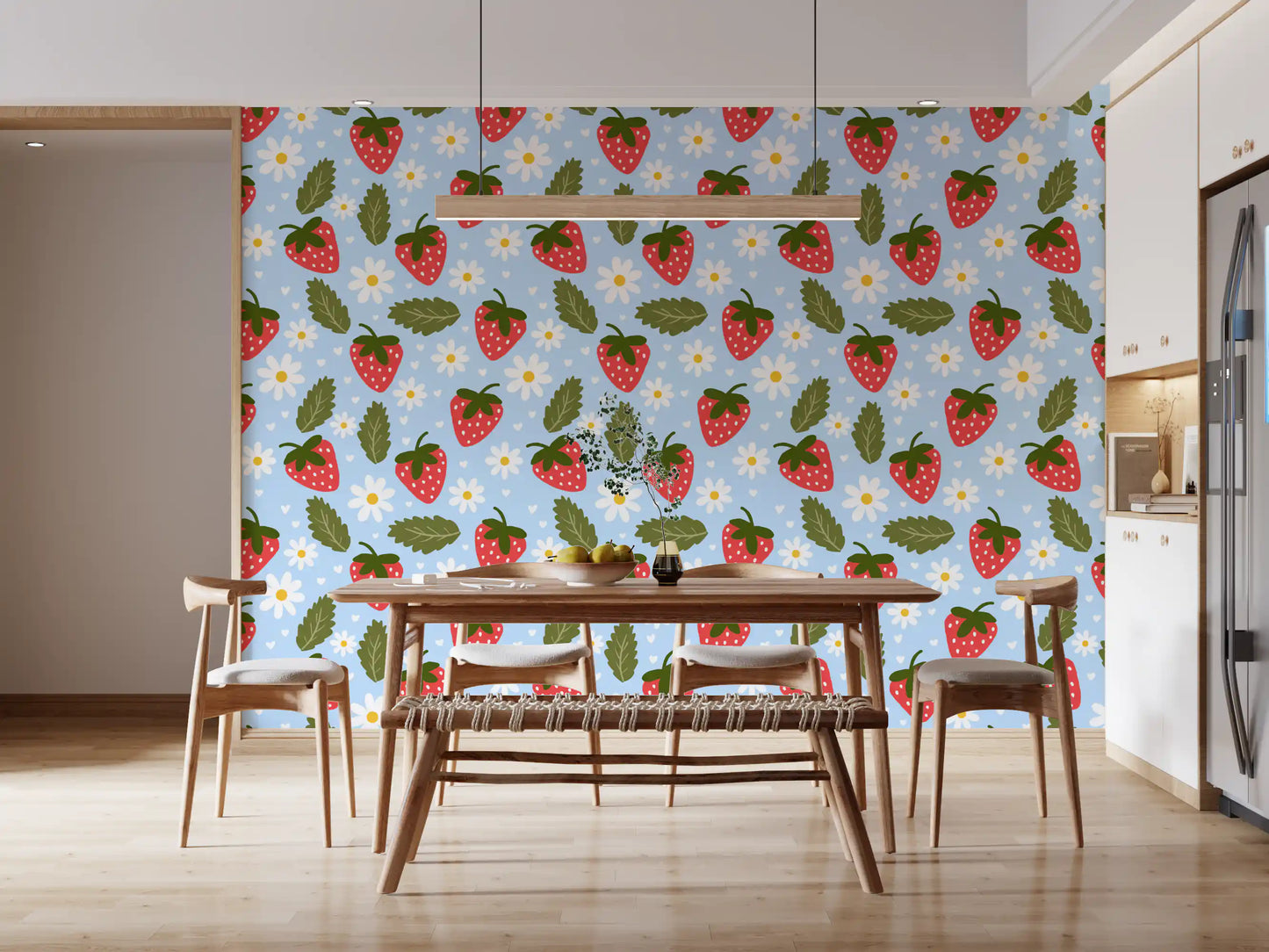 Sweet Berry Bloom Wallpaper in a dining room with cheerful red berries and white blooms. 