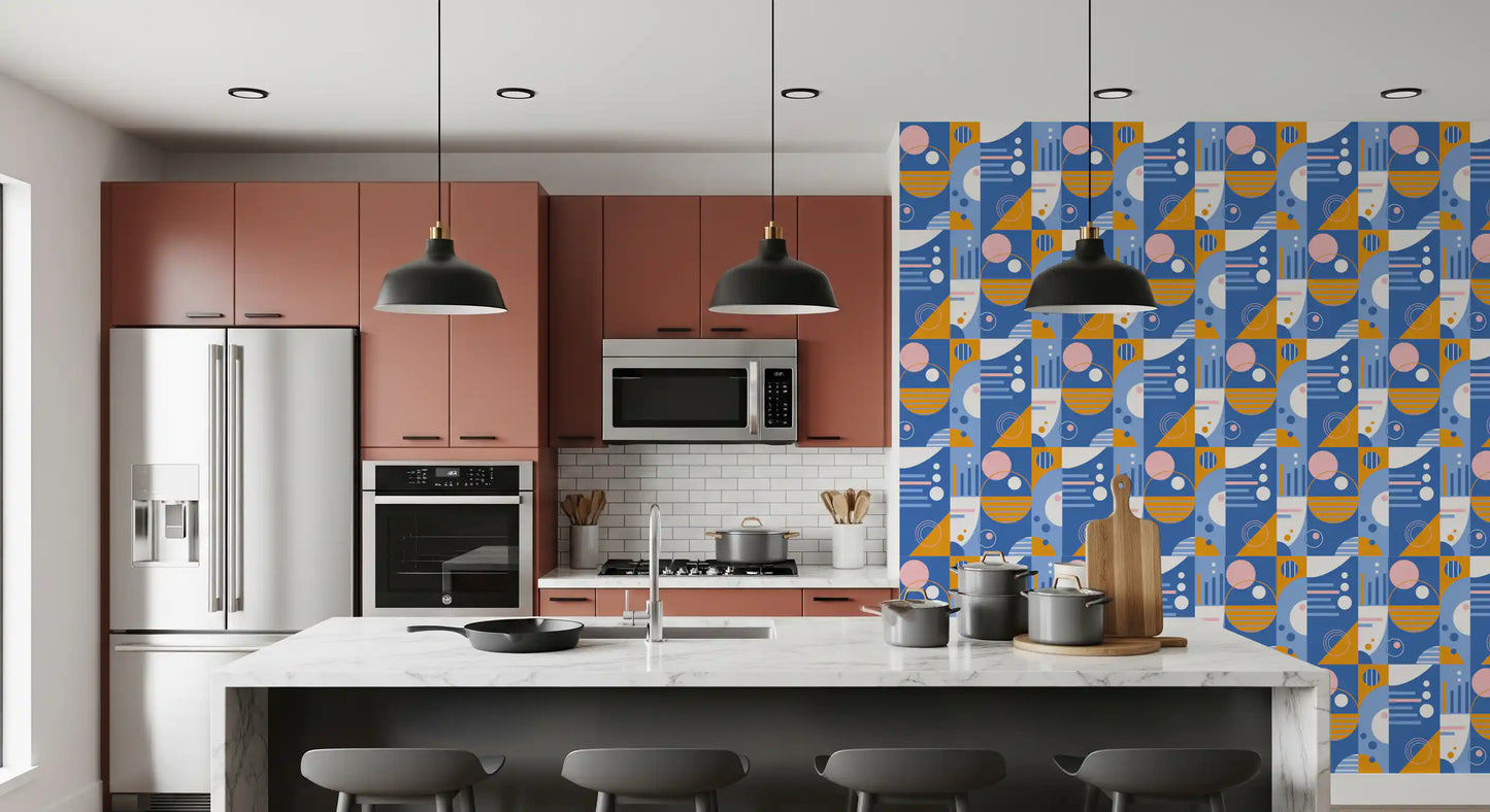 Retro Geo Blocks Wallpaper with cobalt blue, orange, pink, and white geometric shapes.