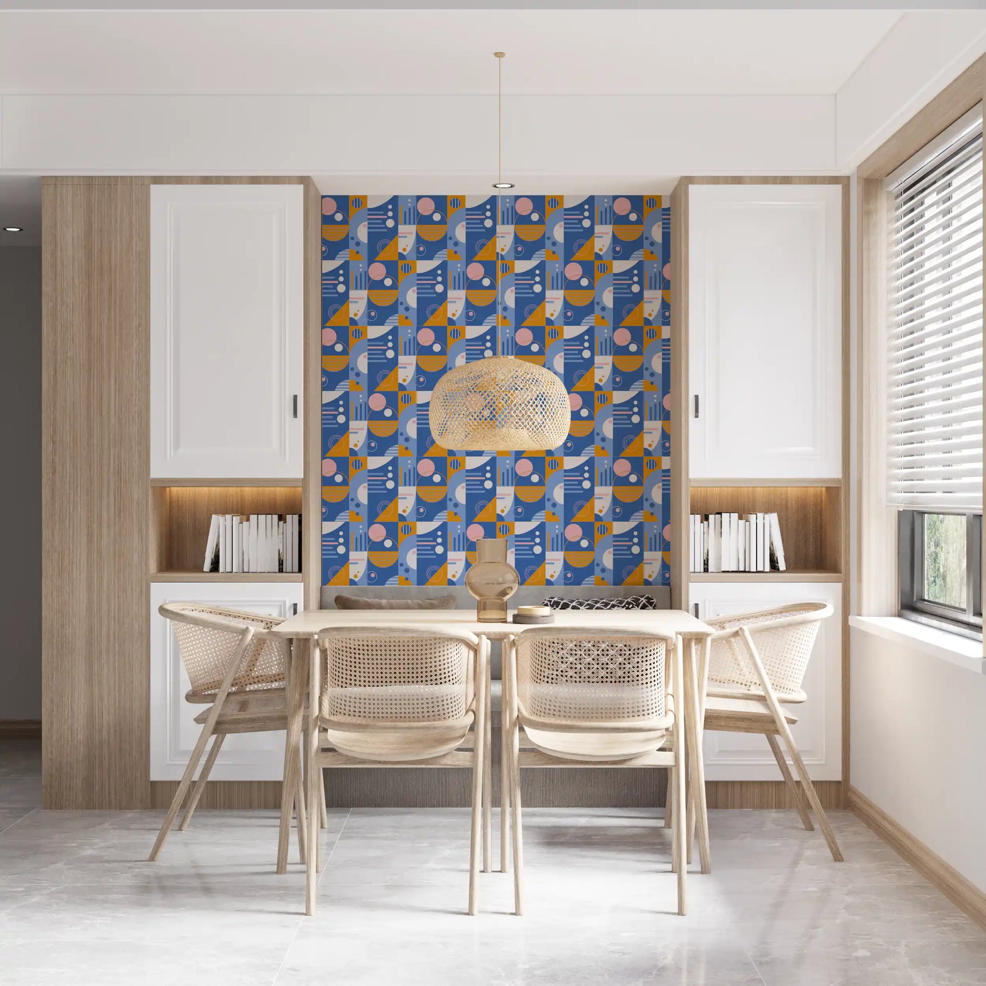 Bauhaus-inspired geometric wallpaper with circles, semi-domes, and vertical bars.