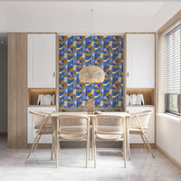 Bauhaus-inspired geometric wallpaper with circles, semi-domes, and vertical bars.