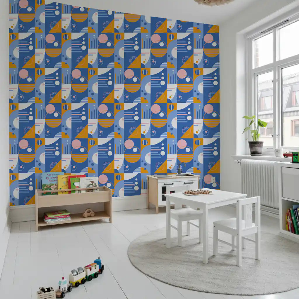 Kids space dressed in retro Bauhaus pattern wallpaper with circles and bars 