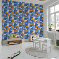 Kids space dressed in retro Bauhaus pattern wallpaper with circles and bars 