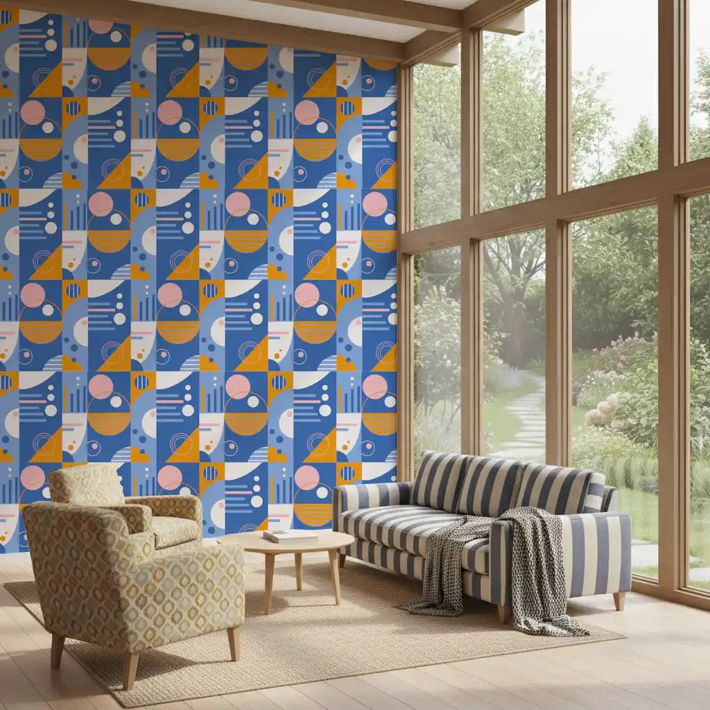 Hallway corner wall decorated with mid-century geometric wallpaper in cobalt and marigold.