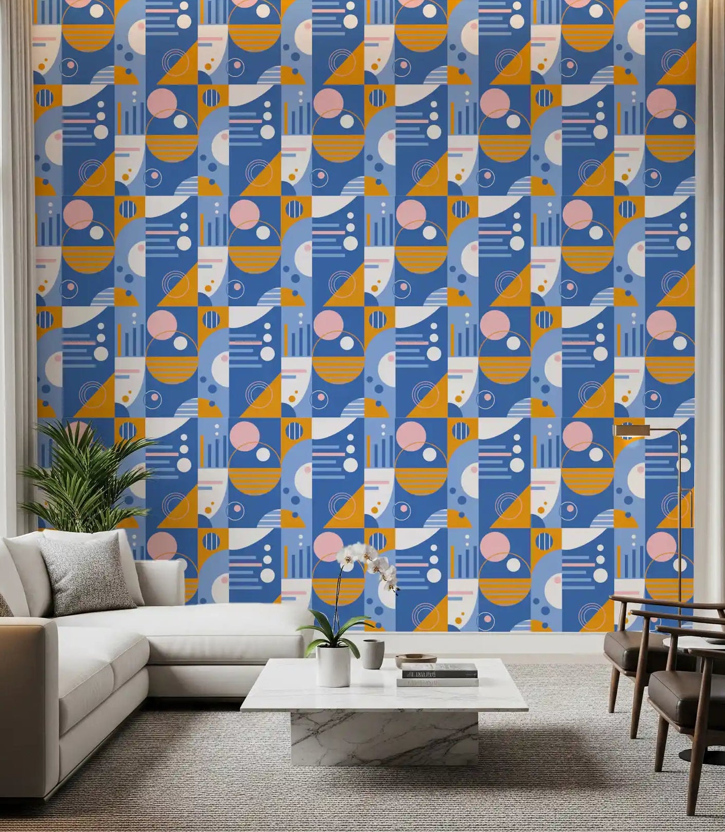 Living room wall covered in Retro Geo Blocks Wallpaper with bold blue and orange shapes., GD10062