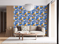 Living room interior with playful retro geometric wallpaper in multicolour shapes