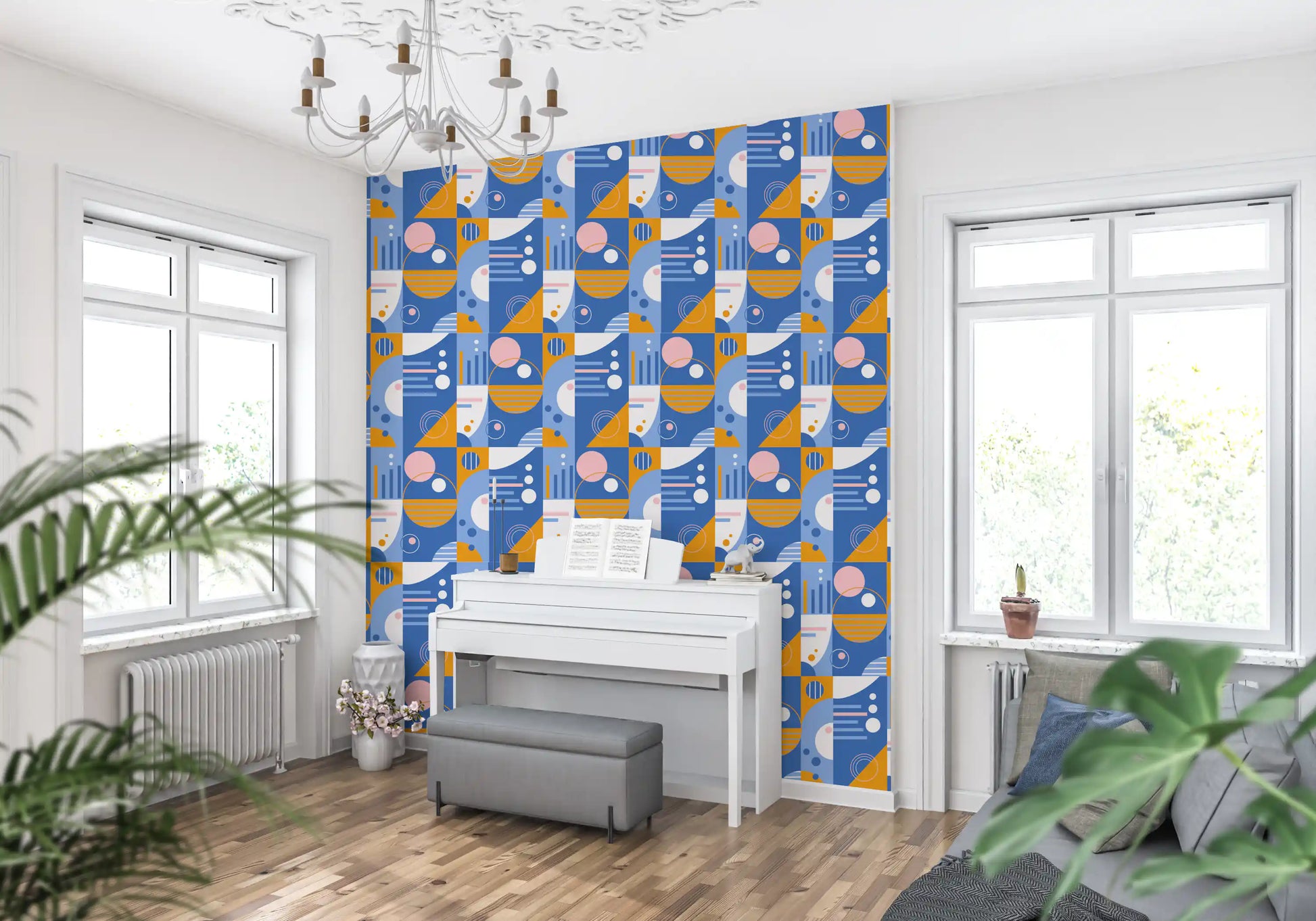 Abstract geometric wallpaper in marigold orange and cobalt blue with pink dot accents.