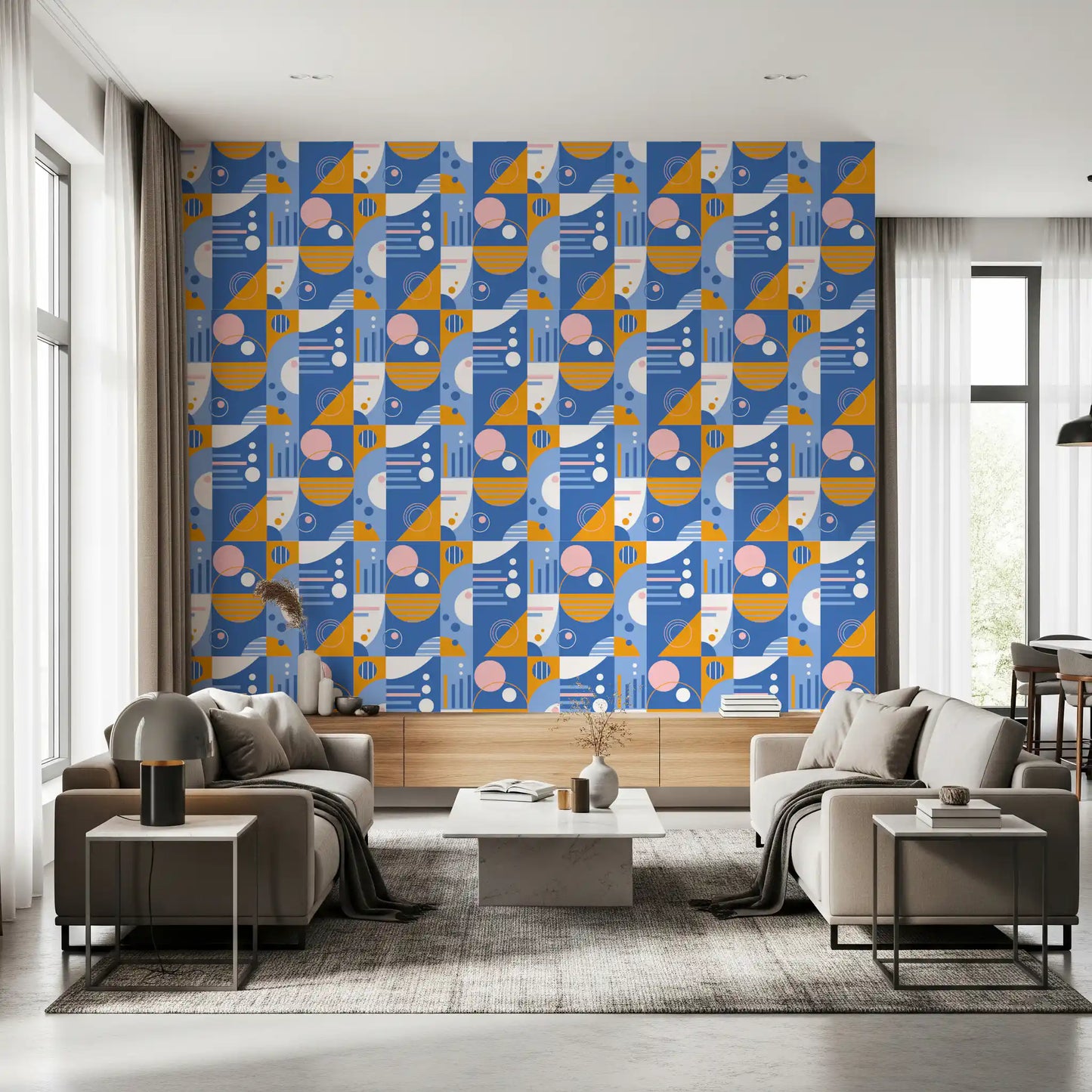 Mid-century modern geometric pattern wallpaper showing striped semi-circles and floating dots. 