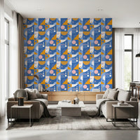 Mid-century modern geometric pattern wallpaper showing striped semi-circles and floating dots. 