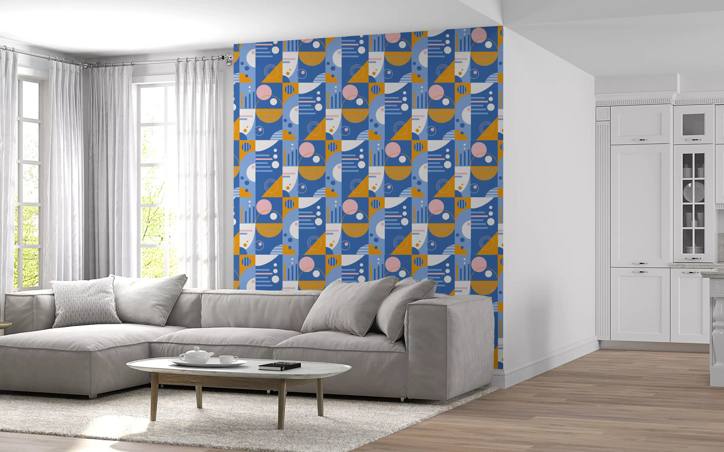 Living room accent wall styled with bold abstract geometric wallpaper in retro colours.