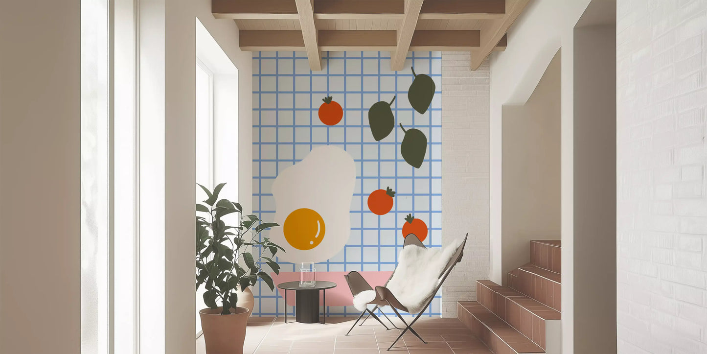 Brunch wall mural with fried egg cherry tomatoes and green herb leaves on blue grid background
