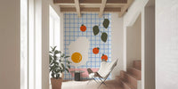 Brunch wall mural with fried egg cherry tomatoes and green herb leaves on blue grid background