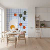 Red cherry tomato motifs scattered across the blue grid brunch wallpaper design.