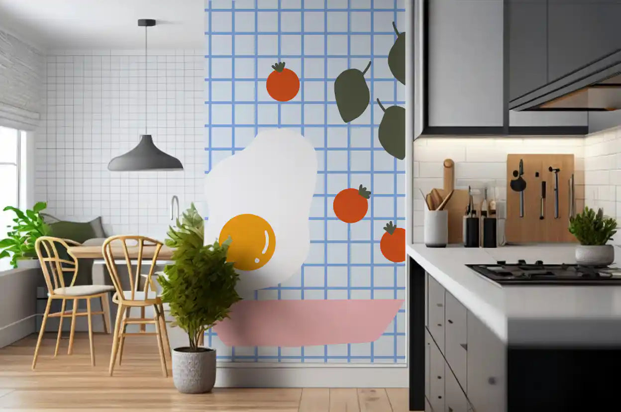 Sunny side up fried egg illustration with bright yellow yolk on pale blue grid mural.
