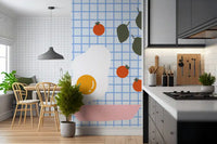 Sunny side up fried egg illustration with bright yellow yolk on pale blue grid mural.