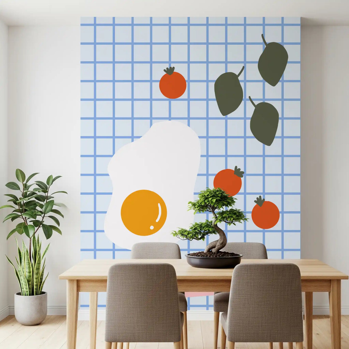 Multicolour brunch art wall mural with pink plate and food motifs on grid pattern.