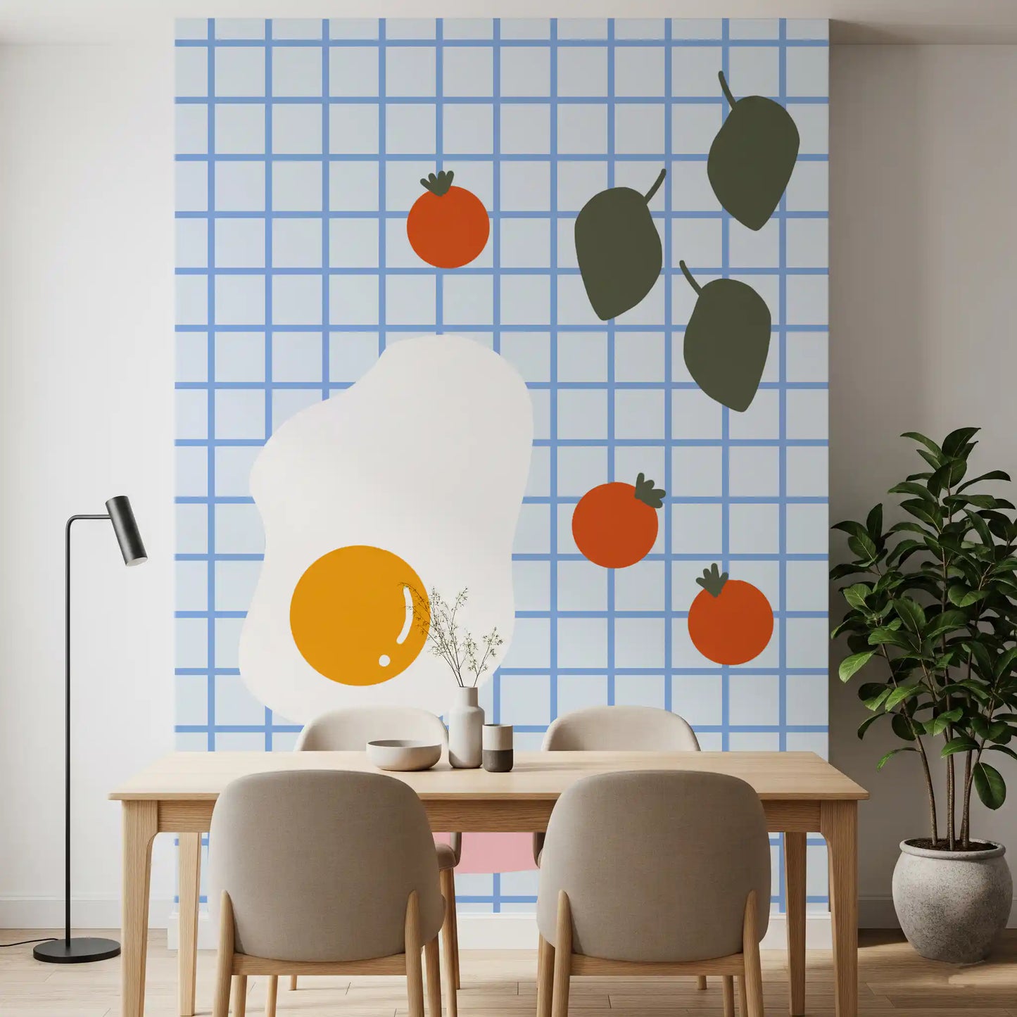 Modern brunch wall mural used in casual eatery interior with food themed art