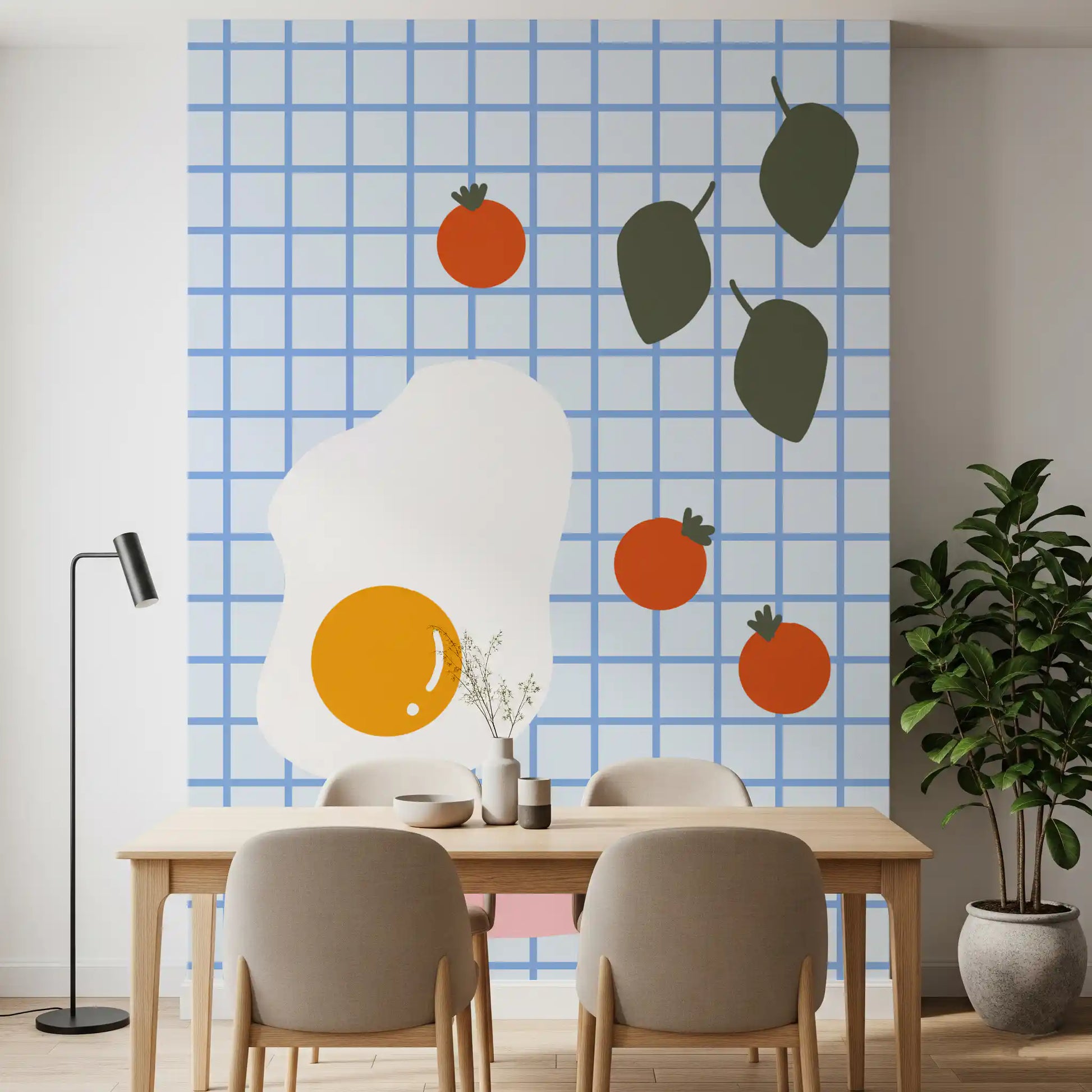 Modern brunch wall mural used in casual eatery interior with food themed art
