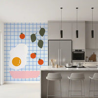 Brunch wall mural shown in modern kitchen with food motifs on grid background.
