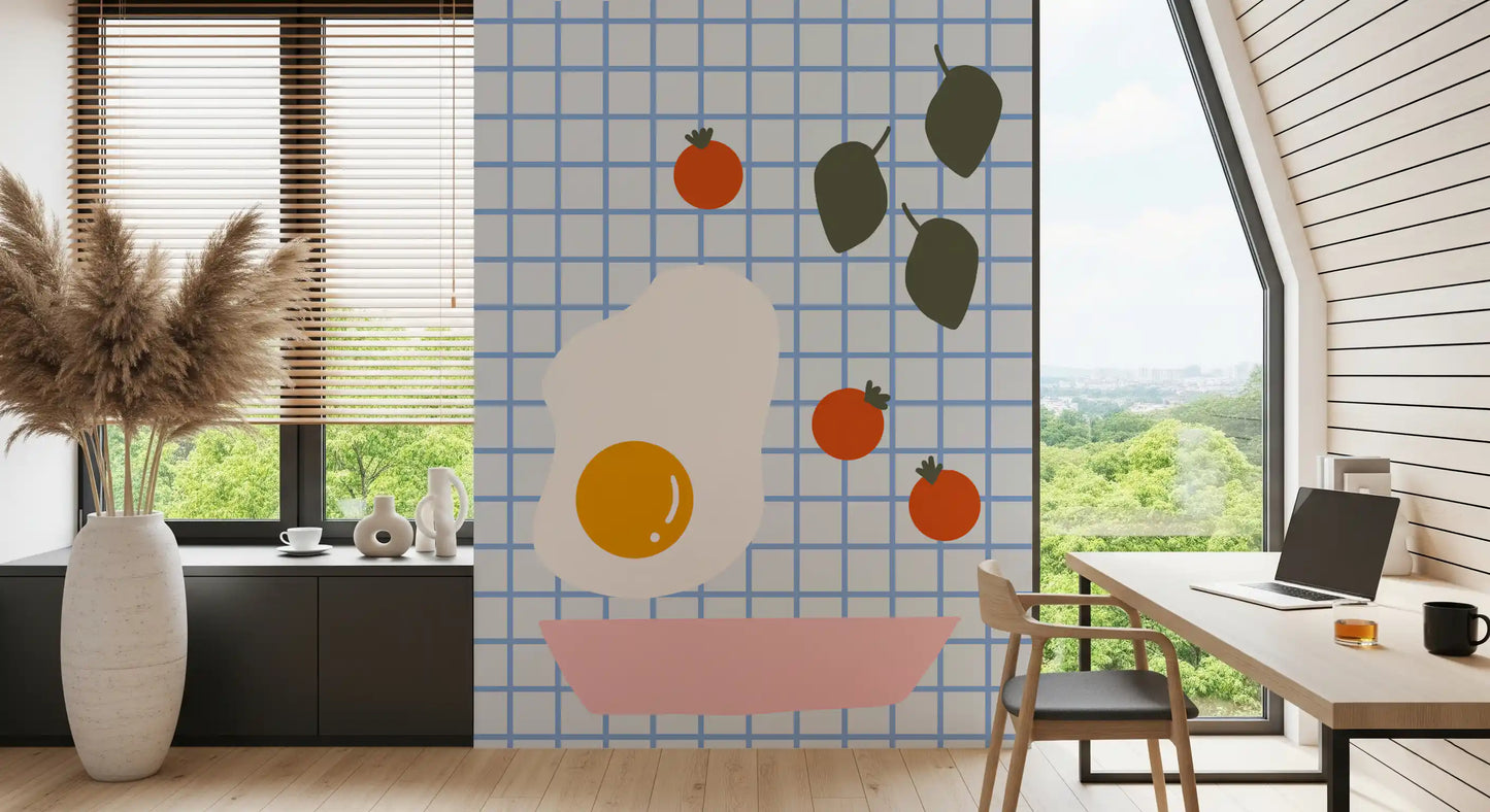 Brunch wall mural fitted in breakfast nook with fried egg and tomato motifs